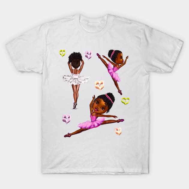 Ballet - Black ballerina girls with love hearts ! beautiful  African American  girls with Afro hair and dark brown skin wearing a pink tutu.Hair love ! T-Shirt by Artonmytee